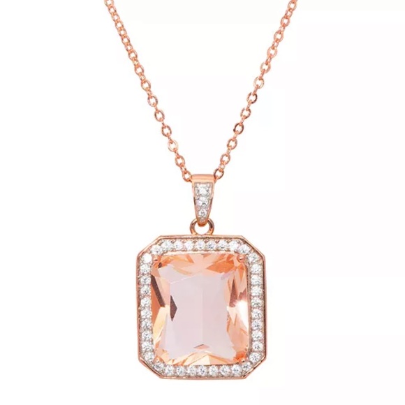 Rose Gold Plated Simulated Morganite Octagon Pendant 18” long Necklace - Picture 1 of 7